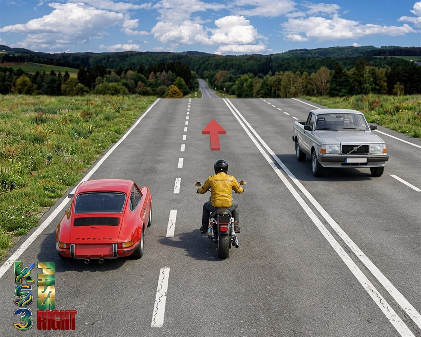 Motorcyclist choosing a safe road position near a blind hill